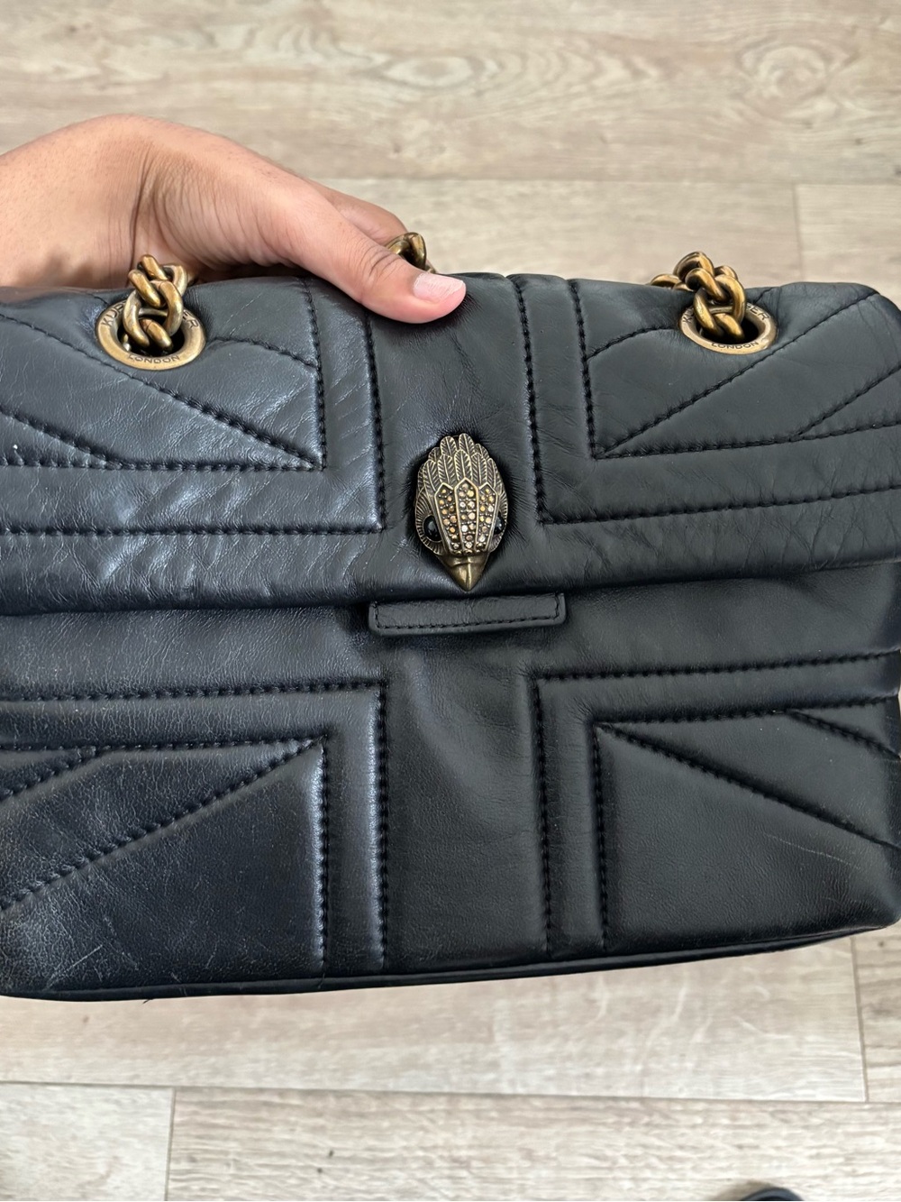 Kurt Geiger Black Quilted Leather Shoulder Bag with Brass Chain